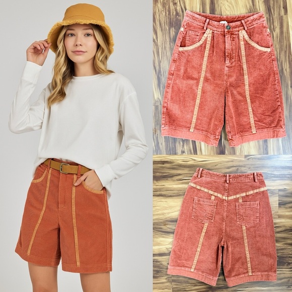 Easel Corduroy Shorts in Rust and Tan - Picture 1 of 5